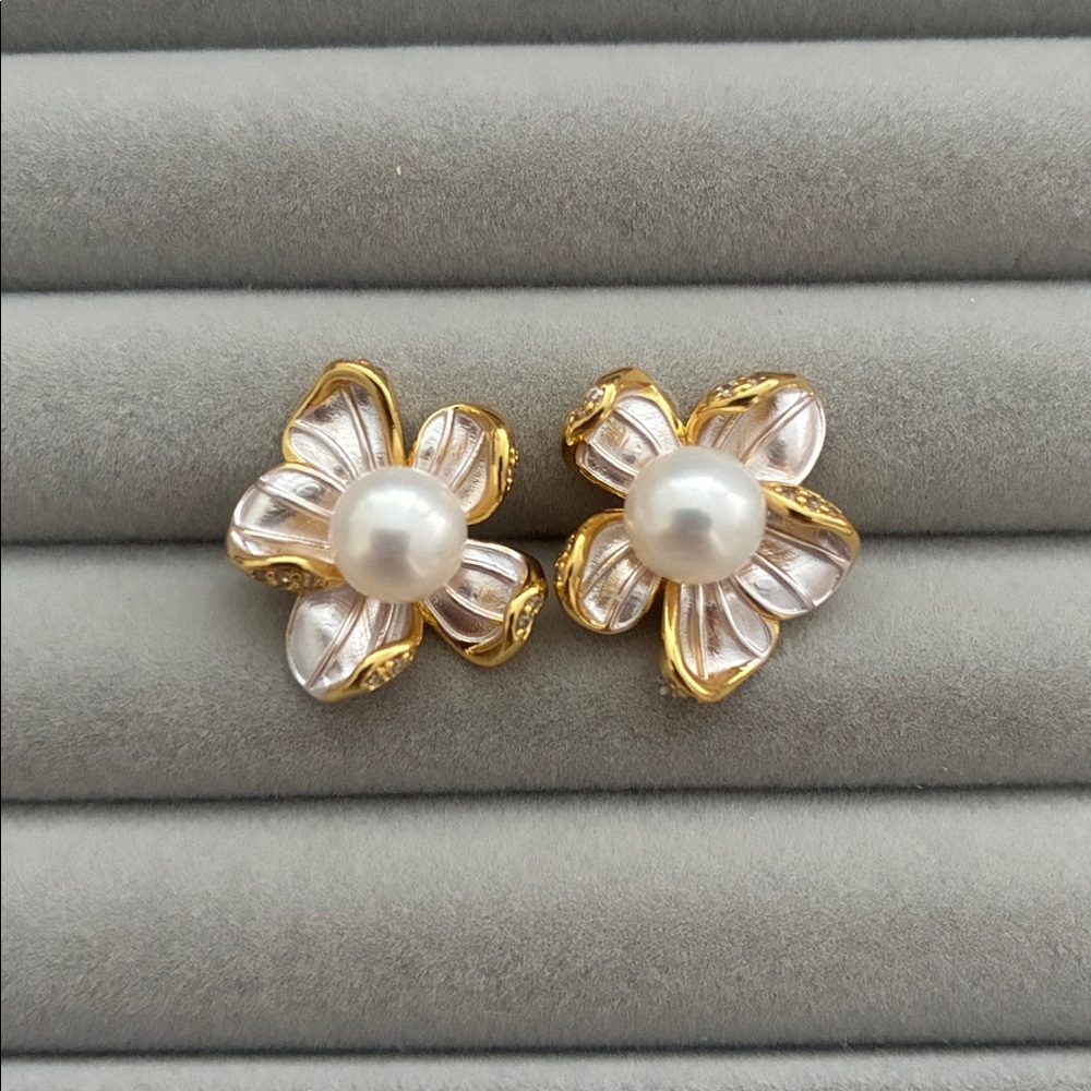 Silver Pearl Earrings | Sterling Silver Posts | Floral Christmas Gift for Her